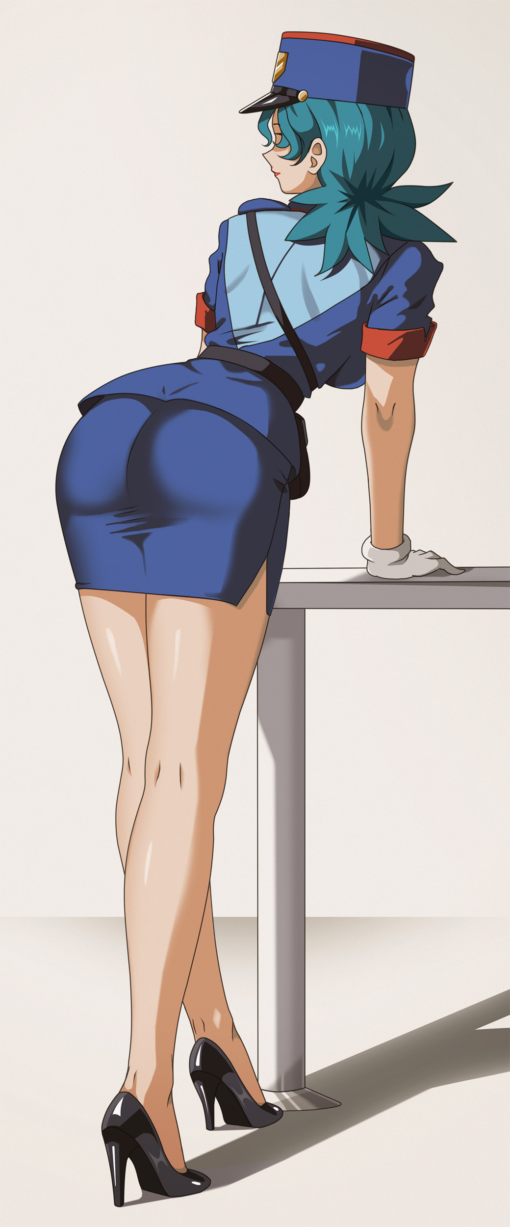 1girl absurdres ass bare_legs belt black_belt blue_hair blue_hat blue_shirt breasts closed_mouth facing_away from_behind full_body gloves hat high_heels highres jenny_(pokemon) leaning_forward leaning_on_table long_hair medium_breasts miniskirt nintendo pencil_skirt pokemon pokemon_(anime) pokemon_(classic_anime) police police_hat police_uniform policewoman red_lips shirt skirt solo thighs vivivoovoo white_gloves
