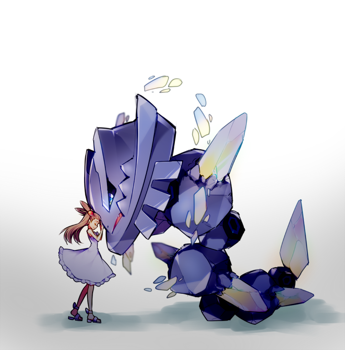 1girl dress female_focus gen_2_pokemon gym_leader jasmine_(pokemon) mega_pokemon mega_steelix nintendo pokemon pokemon_(creature) sandals solo steelix