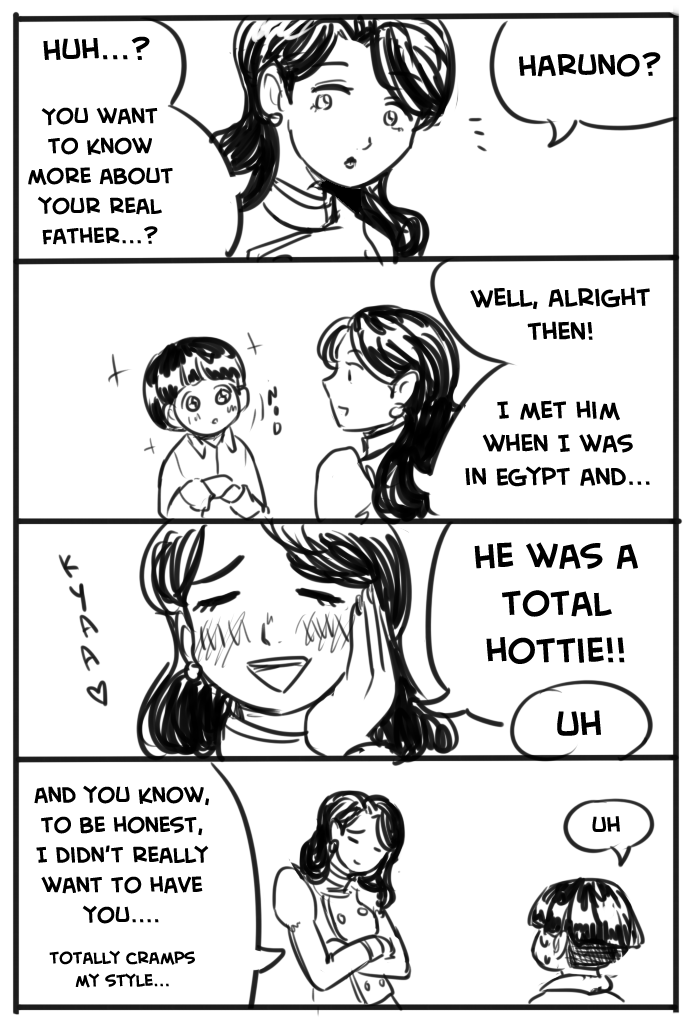 1boy 1girl aged_down blush closed_eyes coat english_text giorno&#039;s_mother giorno_giovanna haruno_shiobana jojo_no_kimyou_na_bouken long_hair looking_at_another mayoday monochrome mother_and_son short_hair smile speech_bubble vento_aureo