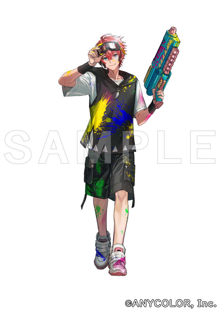 1boy ahoge akagi_wen amano_hana bandaid bandaid_on_cheek bandaid_on_face black_hair black_hoodie black_shorts blue_eyes closed_mouth collarbone commentary_request company_name copyright_notice crossed_bangs goggles goggles_on_head gun hair_between_eyes hands_up holding holding_gun holding_weapon hood hood_down hoodie looking_at_viewer male_focus multicolored_hair nijisanji official_art paint_gun paint_on_body paint_on_clothes paint_splatter paint_splatter_on_face pink_hair sample_watermark shirt shoes short_hair short_sleeves shorts simple_background sleeveless sleeveless_hoodie smile solo streaked_hair virtual_youtuber watermark weapon white_background white_shirt white_shoes wristband