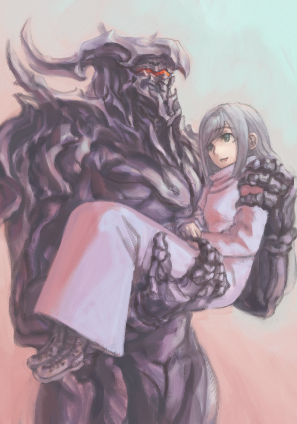 1girl :d aqua_eyes bad_id bad_pixiv_id boots carrying dress grey_footwear long_hair long_sleeves looking_at_another open_mouth original princess_carry robot silver_hair smile swept_bangs vaison white_dress