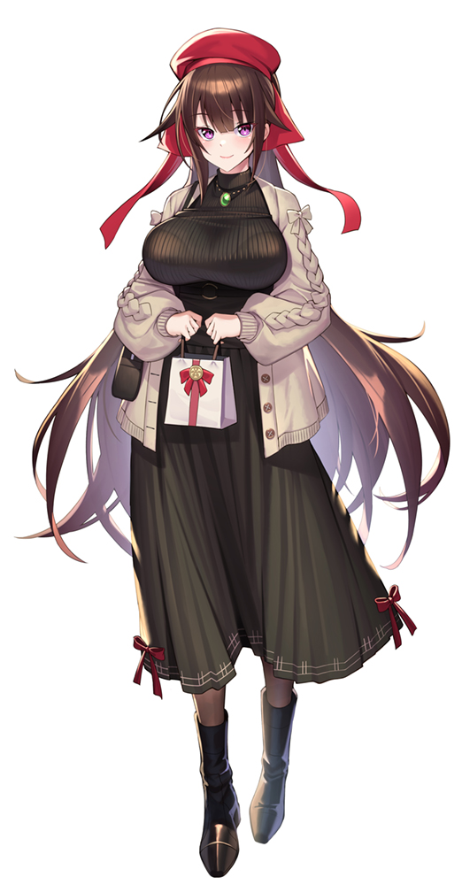 1girl amagi_(oreaku) boots breasts brown_hair casual coat dress hat jewelry large_breasts long_hair looking_at_viewer necklace official_art ore_wa_seikan_kokka_no_akutoku_ryoushu! ponytail purple_eyes solo takamine_nadare thighhighs very_long_hair