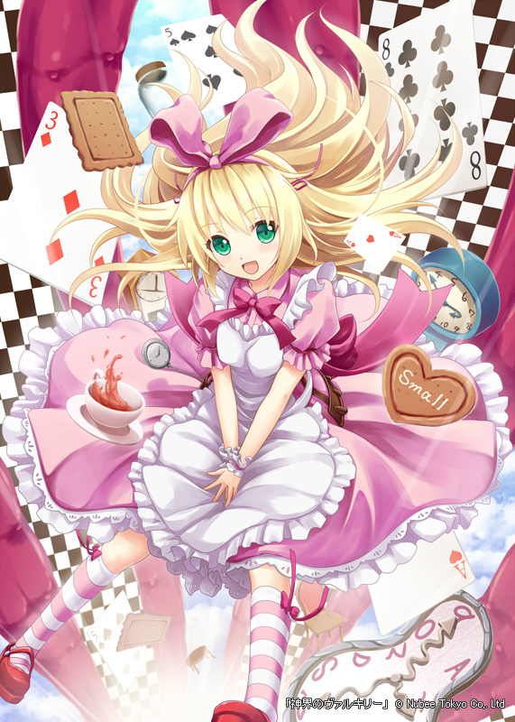 1girl ace_(playing_card) ace_of_hearts akkijin blonde_hair blue_eyes board_game card chess chessboard clock cloud club_(shape) cookie cup dress eight_of_clubs falling female_focus five_of_spades food gem_(symbol) hair_ribbon heart open_mouth pink_dress pink_ribbon pink_sky playing_card ribbon shinkai_no_valkyrie sky solo spade_(shape) teacup three_of_diamonds