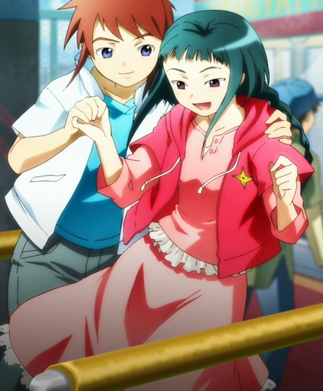 00s 1boy 1girl anime_screenshot arm_around_shoulder blue_eyes braid brown_hair couple dress green_hair happy hetero holding_hands hood hooded_jacket jacket my-hime okuzaki_akira pink_dress red_eyes sidelocks spoilers tokiha_takumi