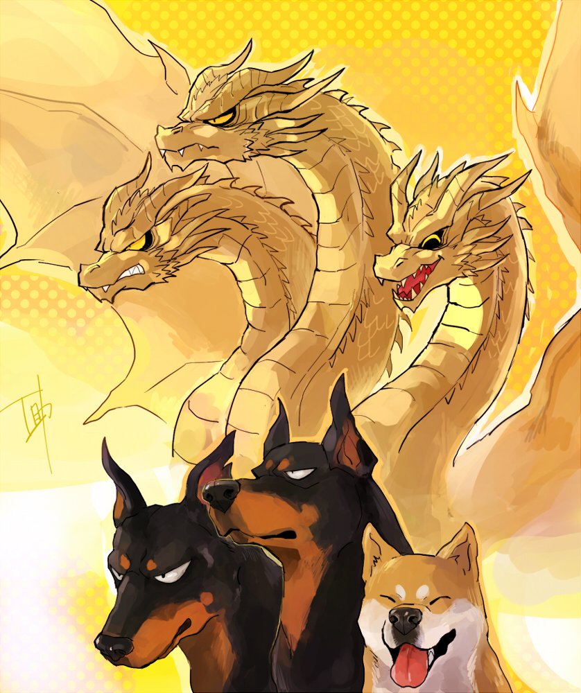 closed_eyes comparison dobermann dog fangs godzilla:_king_of_the_monsters godzilla_(series) horns kaiju king_ghidorah king_ghidorah_(monsterverse) legendary_pictures long_neck monster monsterverse multiple_heads scales serious shiba_inu smile spikes spines toho tongue tongue_out tsk03 wings