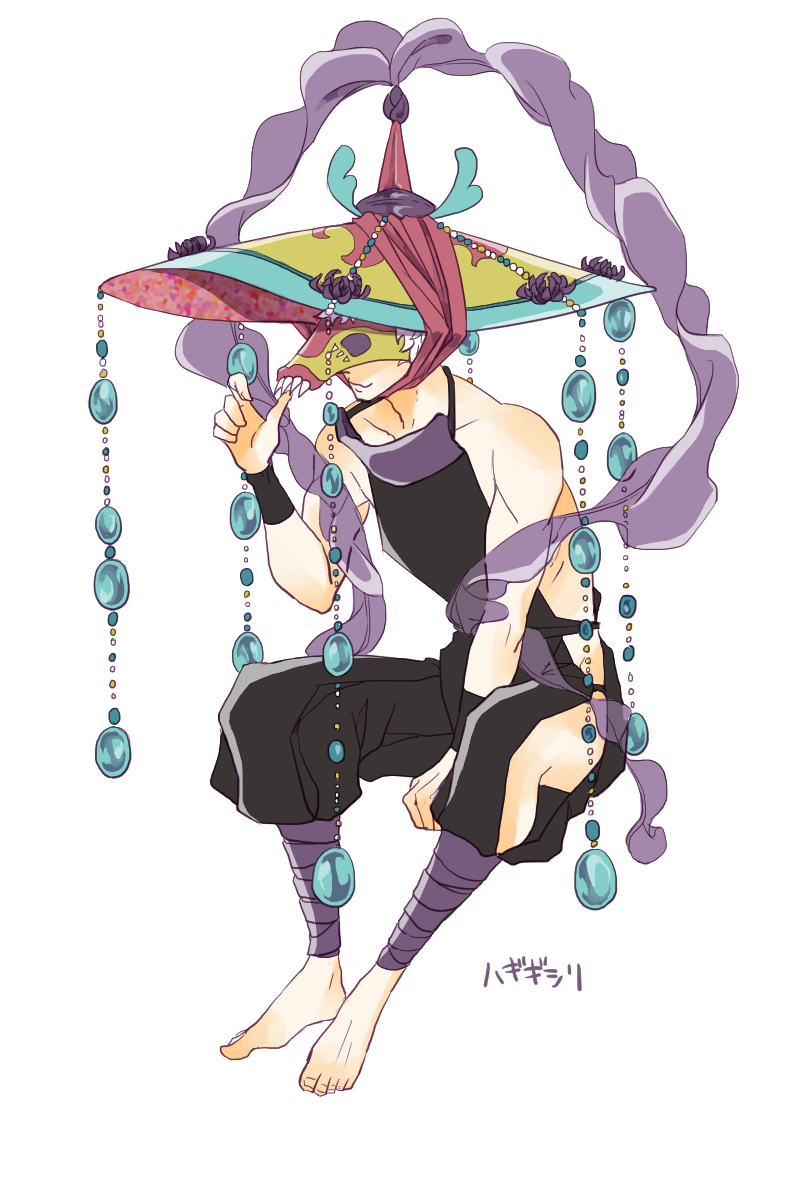 1boy bare_shoulders barefoot bruxish feet gen_7_pokemon hand_up hat highres male_focus mask nintendo personification pokemon silk sitting sleeveless smile solo uzou white_hair