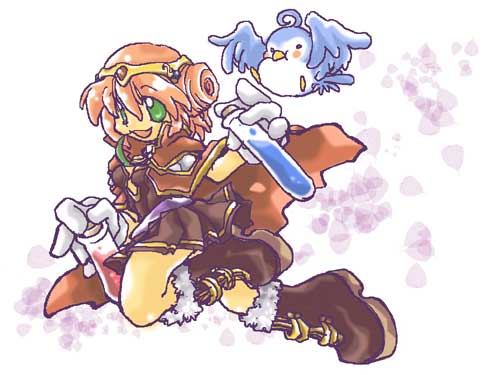 1girl bird blue_bird boots breasts brown_boots brown_dress cape circlet commentary_request creator_(ragnarok_online) double_bun dress filir_(ragnarok_online) full_body fur-trimmed_boots fur_trim gloves green_eyes hair_bun hasenyo holding holding_vial leaf_in_mouth looking_at_viewer lowres open_mouth pink_hair potion ragnarok_online red_cape short_hair small_breasts smile solo vial white_background white_gloves