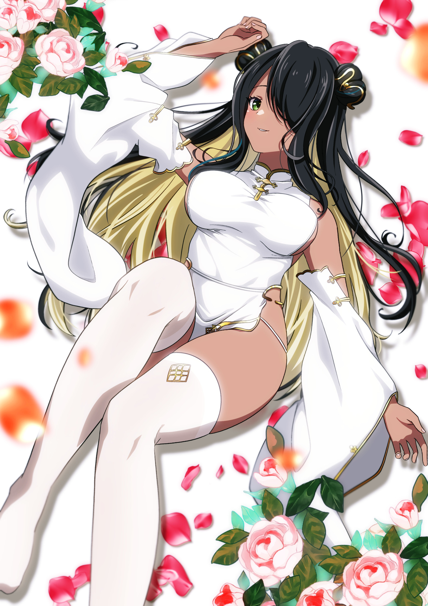 1girl arm_up azur_lane blonde_hair blush breasts china_dress chinese_clothes colored_inner_hair commentary_request dark-skinned_female dark_skin detached_sleeves dress fingernails flower foot_out_of_frame gold_trim green_eyes hair_between_eyes hair_over_one_eye highres large_breasts leaf long_bangs long_hair looking_at_viewer multicolored_hair murasaki_tsutsuji northampton_(azur_lane) northampton_ii_(azur_lane) northampton_ii_(comfy_crane_amidst_the_clouds)_(azur_lane) official_alternate_costume parted_lips petals pink_flower red_flower short_dress sideboob smile solo thighhighs two-tone_hair very_long_hair white_background white_dress white_sleeves white_thighhighs wide_sleeves