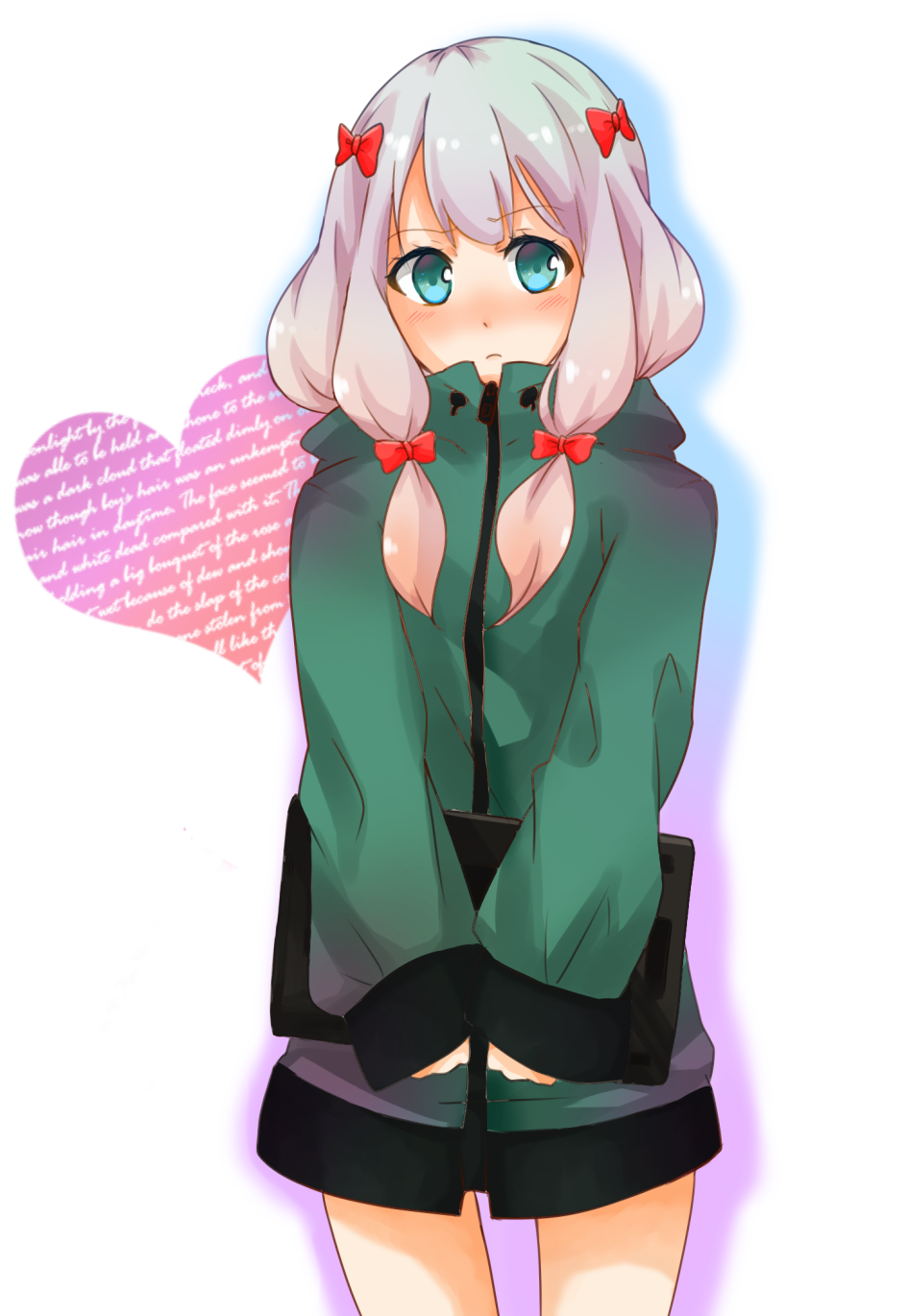 10s 1girl aine_(621_aine) blue_eyes blush eromanga_sensei female_focus heart highres izumi_sagiri jacket long_hair looking_at_viewer purple_hair ribbon solo