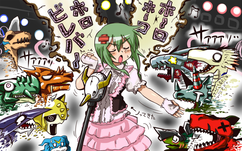 1girl ankylomon brachimon digimon digimon_(creature) dinorexmon dress green_hair horns microphone music plesiomon pteranomon singing spinomon stegomon translation_request tyranomon ultimatebrachimon v-mon