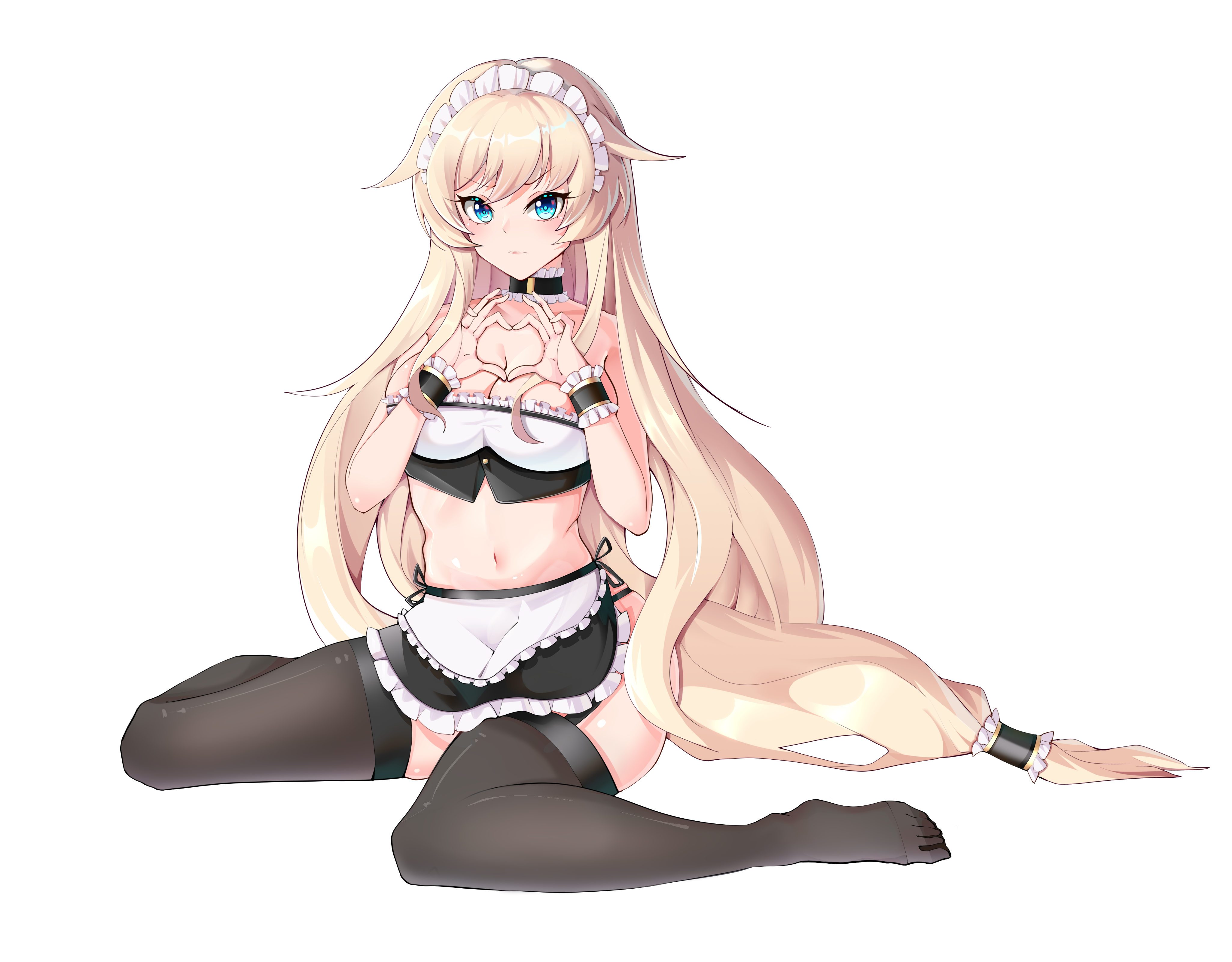 1girl absurdres alternate_costume apron bandeau black_bandeau black_thighhighs blonde_hair blue_eyes breasts choker duotianshi.nian enmaided enterprise_(warship_girls_r) frilled_apron frilled_choker frills hair_flaps heart heart_hands highres large_breasts long_hair low-tied_long_hair maid maid_apron maid_headdress multicolored_bandeau multicolored_clothes navel sitting solo thighhighs two-tone_bandeau very_long_hair waist_apron wariza warship_girls_r white_apron white_bandeau