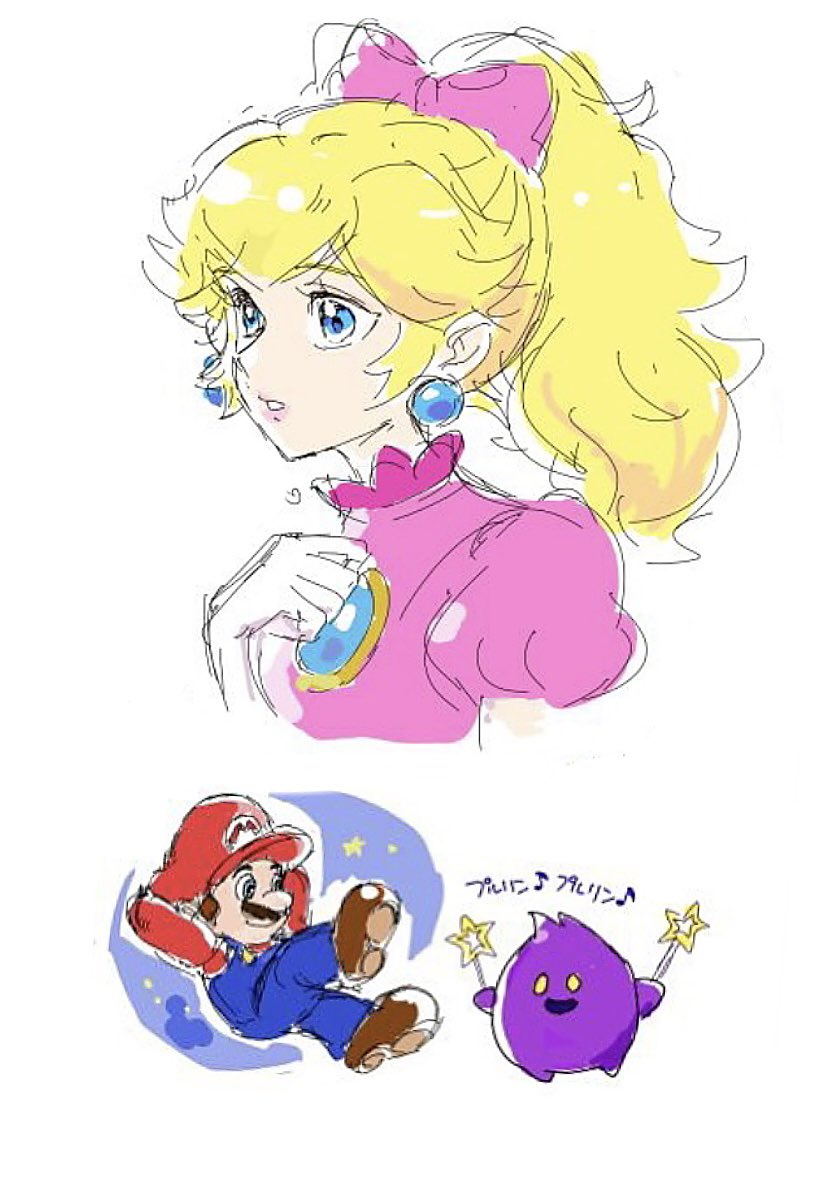 1boy 1girl 1other agua_mp blonde_hair blue_eyes bow brooch brown_hair crown dress earrings facial_hair grin hat hungry_luma_(super_mario_galaxy) jewelry mario mario_(series) mustache nintendo overalls pink_dress ponytail princess_peach princess_peach:_showtime! smile super_mario_galaxy wand