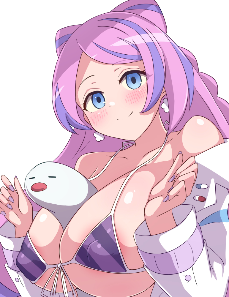 1girl areola_slip between_breasts bikini blue_eyes blush breasts collarbone covered_erect_nipples earrings jewelry ka-9 lab_coat large_breasts long_hair miriam_(pokemon) multicolored_hair nail_polish nintendo off_shoulder pink_hair pokemon pokemon_sv purple_hair purple_nails smile swimsuit two-tone_hair upper_body white_background wiglett