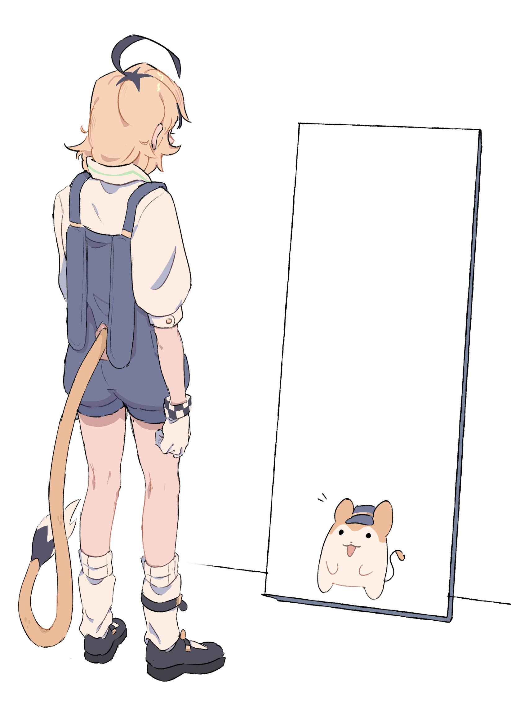 1girl addendium ahoge blonde_hair blue_overalls different_reflection dooby_(jerboa)_(vtuber) dooby_(vtuber) dual_persona female_focus gloves highres indie_virtual_youtuber looking_at_mirror mirror mouse_girl mouse_tail overalls reflection short_hair simple_background solo tail virtual_youtuber white_background white_gloves