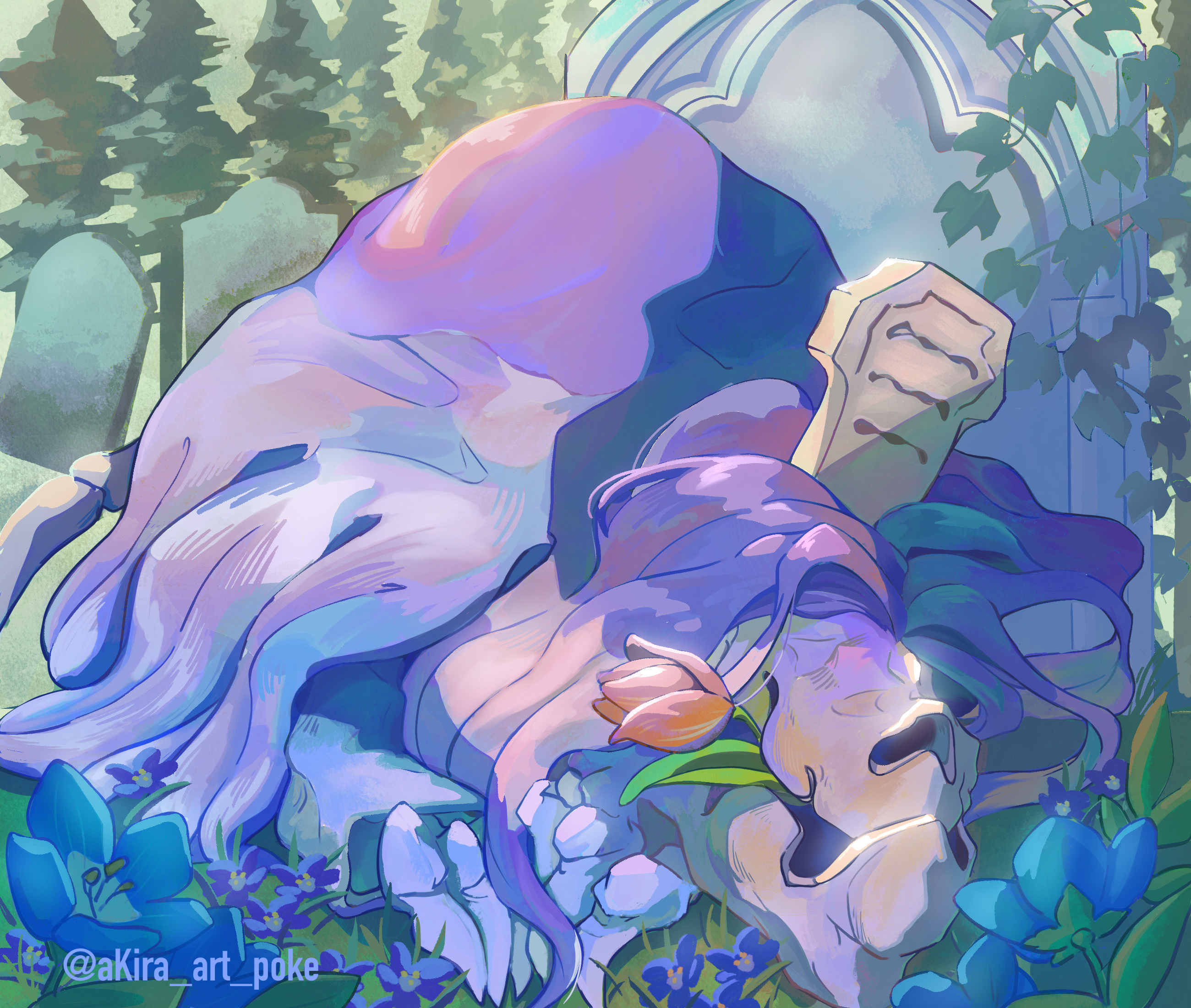 akira_(akira_art_poke) animal_focus blue_flower closed_eyes flower flower_in_mouth highres houndstone nintendo outdoors pokemon pokemon_(creature) red_flower red_tulip skull_head solo tombstone tulip twitter_username