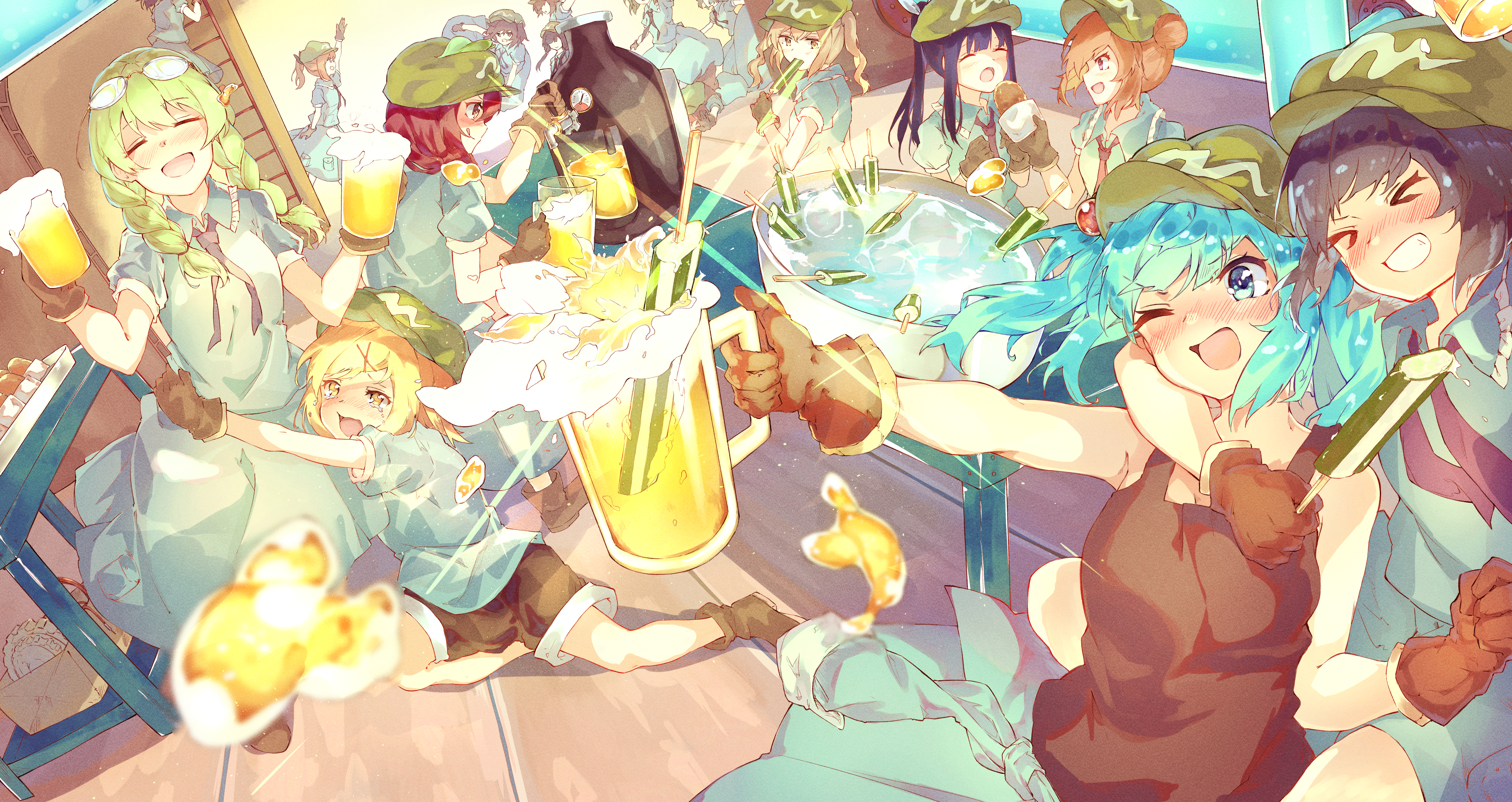 >_< 6+girls :q ;d absurdres alcohol arm_around_neck beer beer_mug black_necktie black_tank_top blonde_hair blue_eyes blue_hair blue_skirt blush boots braid breasts brown_eyes brown_gloves brown_hair brown_shoes cabbie_hat closed_eyes clothes_around_waist commentary crying crying_with_eyes_open cucumber cup double_bun drunk eyewear_on_head feeding gloves green_hair green_hat grin hair_bun hand_around_neck happy hat highres holding holding_cup jacket jacket_around_waist kappa kappa_mob_(touhou) kawashiro_nitori key ladder laughing medium_breasts mug multi-source_commentary multiple_girls necktie nose_blush official_art one_eye_closed open_mouth ponytail pool puffy_short_sleeves puffy_sleeves red_eyes red_hair shoes short_hair short_sleeves sidelocks sitting skewer skirt smile sparkle spilling standing table tamiku_(shisyamo609) tank_top tears teeth tongue tongue_out touhou touhou_lostword twin_braids two_side_up water wooden_floor wooden_table yellow_eyes