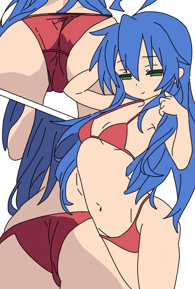 1girl ahoge artist_request ass bikini blue_hair breasts closed_mouth green_eyes hair_between_eyes half-closed_eyes izumi_konata loli long_hair looking_at_viewer lucky_star mole mole_under_eye multiple_views navel red_bikini simple_background small_breasts smile swimsuit white_background