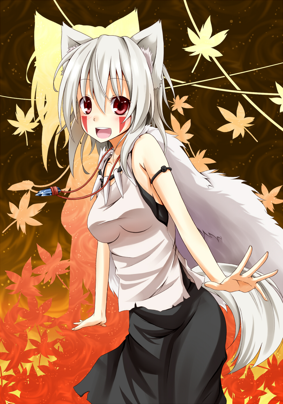 1girl animal_ears bare_shoulders breasts cape cosplay facepaint female_focus flask_(artist) flask_(pandora) highres inubashiri_momiji jewelry leaf mononoke_hime necklace no_headwear no_headwear open_mouth parody pendant red_eyes san_(cosplay) san_(mononoke_hime) short_hair silver_hair sleeveless smile solo tail teeth touhou wolf_ears wolf_tail