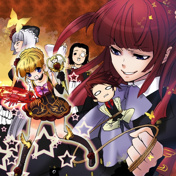2boys 3girls alternate_costume asmodeus_(umineko) beatrice_(umineko) bug butterfly chibi hat insect multiple_boys multiple_girls natsumi_kei official_art red_hair ronove_(umineko) rope umineko_no_naku_koro_ni ushiromiya_ange ushiromiya_battler virgilia_(umineko) witch witch_hat