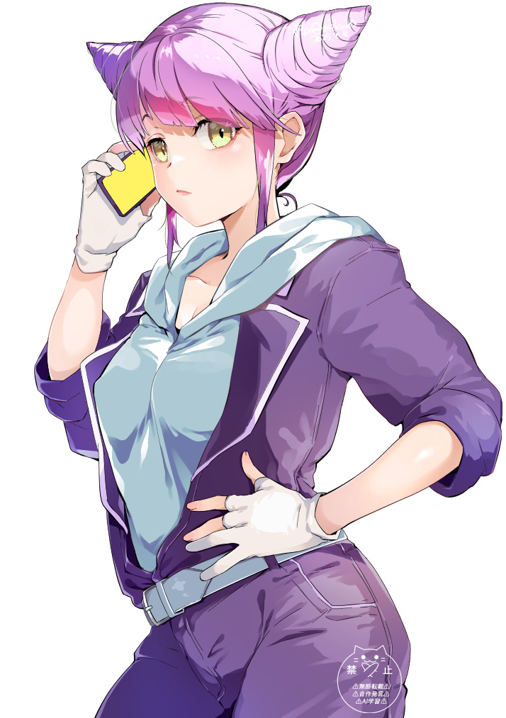 1girl breasts cellphone closed_mouth commentary_request cone_hair_bun double_bun fingerless_gloves gloves hair_bun hand_on_own_hip hood hoodie jumpsuit kinako_(mzknk0) looking_at_viewer looking_to_the_side open_jumpsuit partially_fingerless_gloves phone purple_hair purple_jumpsuit sidelocks small_breasts smartphone solo talking_on_phone jasmine_(toshi_densetsu_kaitai_center) toshi_densetsu_kaitai_center white_background white_gloves white_hoodie yellow_eyes