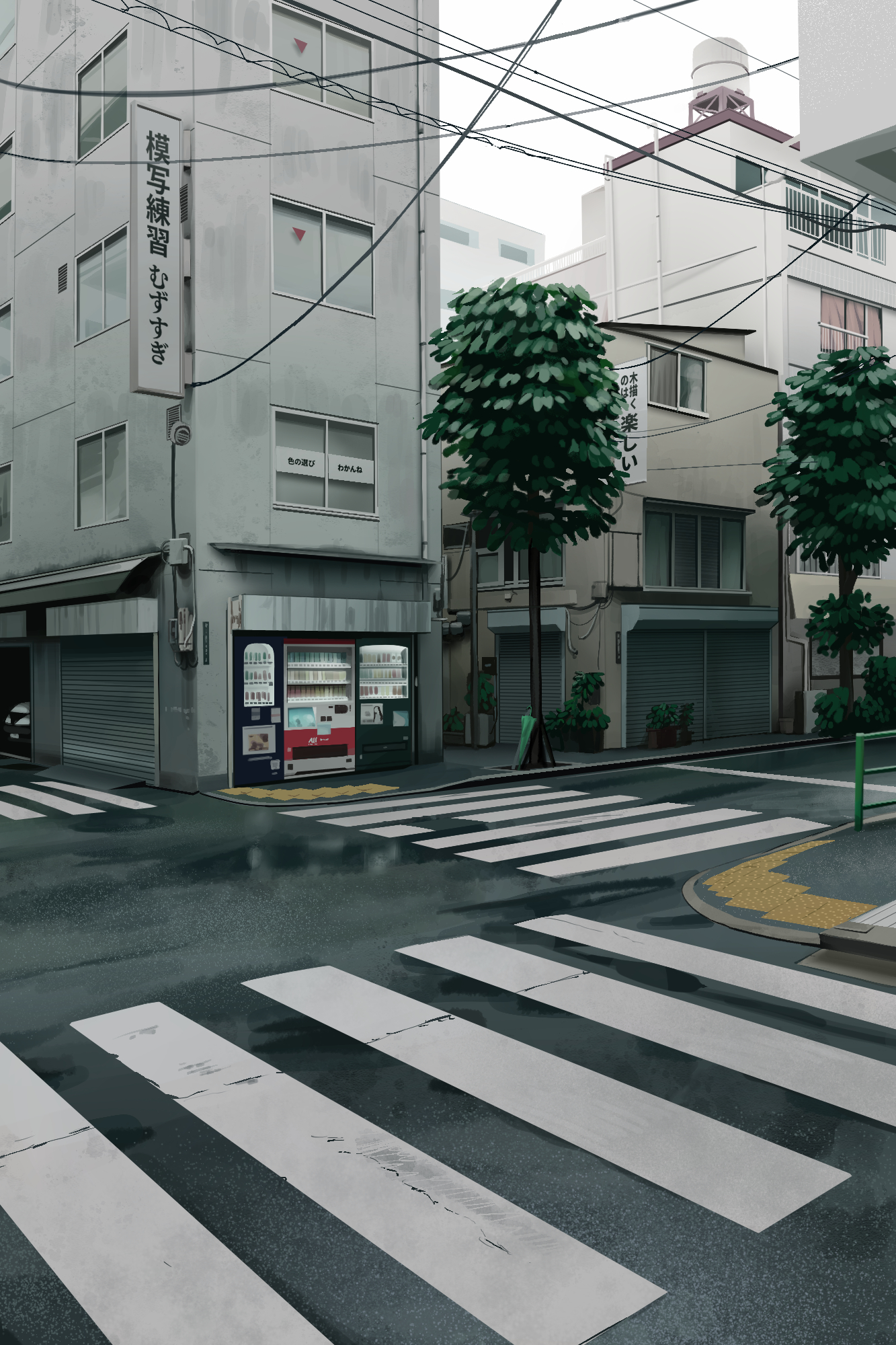 building channel_(caststation) city crosswalk day garage highres leaf no_humans number-only_commentary original outdoors overcast power_lines railing road scenery sidewalk sign sky tree window