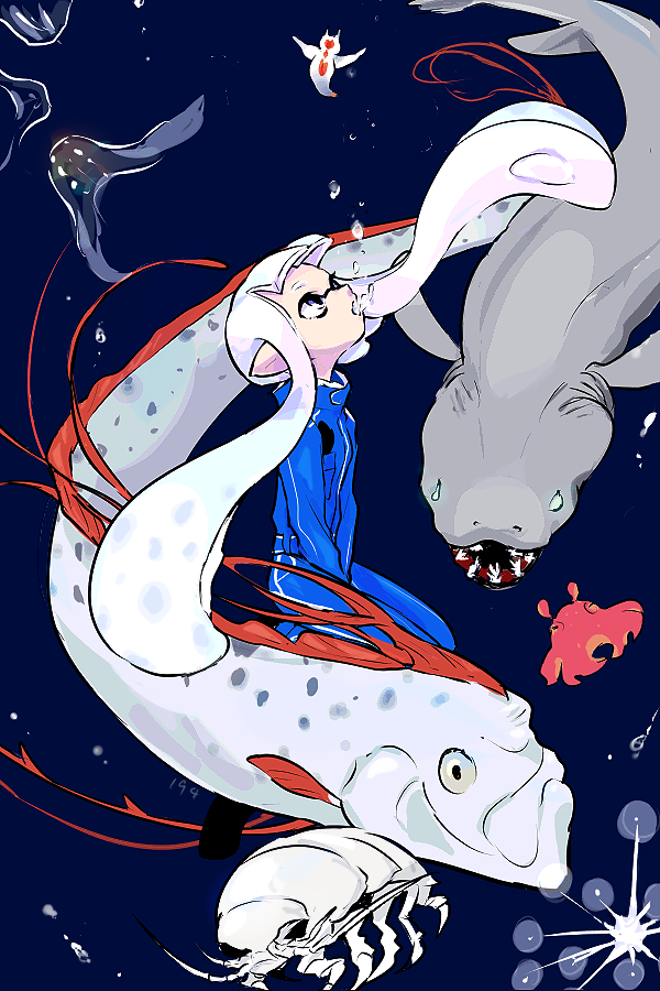 1girl animal_request between_legs blue_eyes blue_jacket blue_pants commentary_request full_body hand_between_legs imaikuy0 inkling inkling_girl inkling_player_character jacket long_hair long_sleeves looking_up nintendo open_mouth pants pointy_ears sea_angel solo splatoon_(series) tentacle_hair umbrella_octopus underwater very_long_hair white_hair