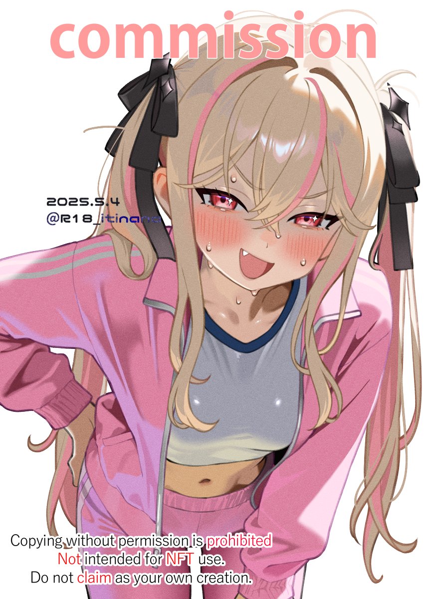 1girl 2025 black_ribbon blonde_hair breasts character_request commentary_request commission copyright_request crop_top crossed_bangs dated fang hair_between_eyes hair_ribbon hand_on_own_hip highres itinana jacket leaning_forward long_hair long_sleeves looking_at_viewer midriff multicolored_hair navel open_clothes open_jacket open_mouth pants pink_eyes pink_hair pink_jacket pink_pants ribbon shirt skeb_commission smile solo streaked_hair twintails two-tone_hair variant_set watermark white_shirt