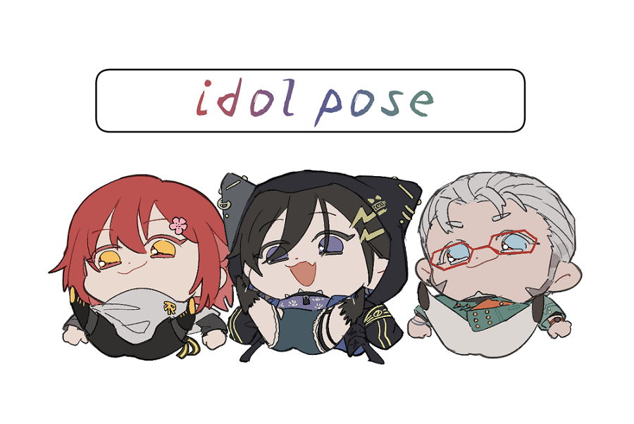3boys :d animal_hood ankle_boots armband arurandeisu arurandeisu_(old_design) beard black_armband black_collar black_footwear black_hair black_pantyhose blue_eyes boots capri_pants cat_hood chibi chibi_only collar denim denim_shorts english_text etaryu496a facial_hair fang flower glasses green_jacket grey_hair grey_pants hair_between_eyes hair_flower hair_ornament hair_slicked_back hairclip hanasaki_miyabi hanasaki_miyabi_(1st_costume) holostars hood hood_up jacket kanade_izuru kanade_izuru_(1st_costume) layered_sleeves lightning_bolt lightning_bolt_hair_ornament lightning_bolt_symbol long_sleeves looking_at_viewer male_focus multiple_boys open_mouth pants pantyhose purple_eyes purple_shirt red-framed_eyewear red_hair ribbon shirt short_hair short_over_long_sleeves short_sleeves shorts simple_background sitting skin_fang smile smirk smug spiked_collar spikes spread_legs thigh_strap v_legs virtual_youtuber watch white_background white_shirt wristwatch yellow_eyes yellow_ribbon