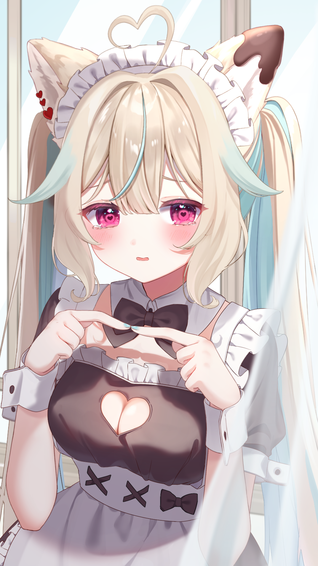 1girl ahoge amakami_konomi amakami_konomi_(artist) animal_ears apron aqua_hair aqua_nails black_bow black_bowtie black_dress blonde_hair blush bow bowtie breasts chocolate chocolate_on_body cleavage_cutout clothing_cutout collar colored_inner_hair detached_collar dog_ears dress food_on_body frilled_apron frills hair_flaps hair_intakes heart heart-shaped_pupils heart_ahoge heart_cutout highres index_fingers_together long_hair looking_to_the_side maid maid_headdress medium_breasts million_production multicolored_hair parted_lips pink_eyes solo symbol-shaped_pupils tearing_up twintails two-tone_hair upper_body very_long_hair virtual_youtuber white_apron white_collar