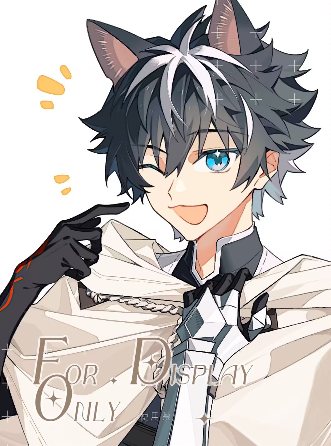 1boy :d animal_ears black_gloves black_hair blue_eyes cat_boy cat_ears charlemagne_(fate) charlemagne_(first_ascension)_(fate) cloak fate/grand_order fate_(series) gloves hair_between_eyes highres idass_(idass16) kemonomimi_mode looking_at_viewer male_focus multicolored_hair one_eye_closed open_mouth pointing pointing_at_self shirt short_hair simple_background smile solo two-tone_hair upper_body vambraces white_background white_cloak white_hair