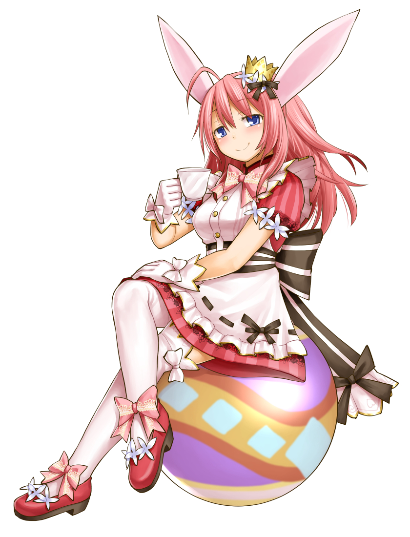 1girl ahoge animal_ears ankle_bow ankle_ribbon ball blue_eyes bow breasts character_request crossed_legs crown cup female_focus gloves kasuga_yukihito leg_ribbon long_hair mary_janes mini_crown pink_hair puff_and_slash_sleeves puffy_sleeves rabbit_ears ribbon shoes simple_background sitting smile solo teacup thighhighs white_gloves white_thighhighs