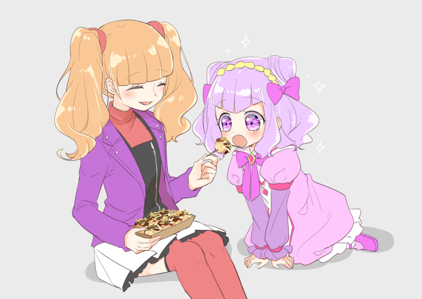 2girls ^_^ aged_down aged_up aihira_(aihira12) aisaki_emiru black_shirt blunt_bangs blush bow brown_hair buttons child closed_eyes collared_dress collared_jacket cone_hair_bun cowboy_shot diamond_button double_bun dress eyelashes feeding feet_out_of_frame food frilled_dress frilled_footwear frilled_skirt frilled_sleeves frills full_body grey_background hair_bow hair_bun hair_ornament hair_scrunchie hairband holding holding_food hugtto!_precure jacket lapels layered_shirt layered_sleeves leaning_forward light_blush long_dress long_hair long_sleeves looking_at_food mary_janes medium_hair miniskirt multiple_girls notched_lapels open_clothes open_jacket open_mouth pantyhose pleated_skirt precure puffy_long_sleeves puffy_short_sleeves puffy_sleeves purple_bow purple_dress purple_eyes purple_hair purple_jacket purple_shoes red_scrunchie red_shirt red_thighhighs role_reversal ruru_amour scrunchie shadow shirt shoes short_over_long_sleeves short_sleeves simple_background skirt smile sparkle takoyaki tareme thighhighs turtleneck turtleneck_shirt twintails wavy_hair white_pantyhose white_skirt yellow_hairband