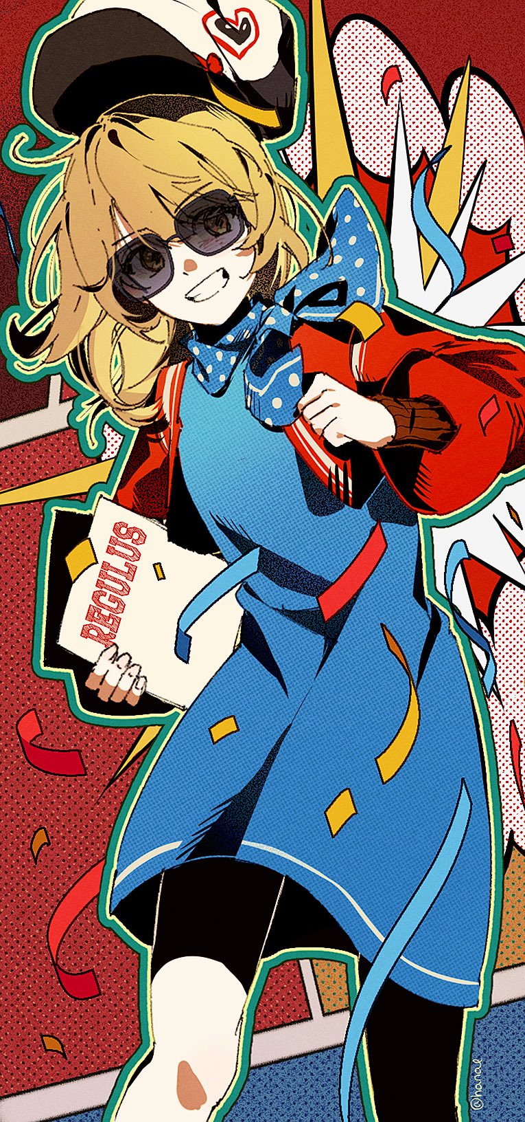 1girl blue_dress blue_neckerchief brown_hair newsboy_cap dress eyes_visible_through_eyewear feet_out_of_frame grin halftone halftone_background hat highres holding_record_jacket jacket leaning_to_the_side legs_apart looking_at_viewer nal_(naliz_1999) neckerchief orange_eyes polka_dot_neckerchief red_background red_jacket regulus_(reverse:1999) reverse:1999 short_dress smile solo sunglasses teeth