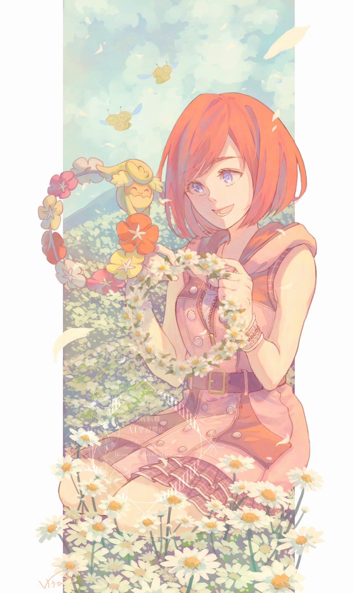 1girl belt black_belt blue_eyes blue_sky bracelet closed_eyes cloud cloudy_sky combee comfey commentary_request crossover daisy_(flower) day dress falling_petals flower full_body gen_4_pokemon gen_7_pokemon hands_up head_wreath highres holding_head_wreath hood hood_down hooded_dress jewelry kairi_(kingdom_hearts) kingdom_hearts kingdom_hearts_iii kneeling looking_at_another lower_teeth_only nintendo open_mouth outdoors petals pink_dress pokemon pokemon_(creature) red_hair signature sky smile teeth twilight_yuuhi watermark white_flower wind zipper