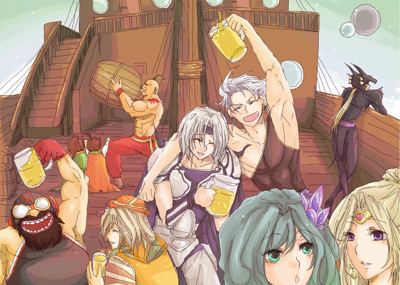 1990s_(style) 3girls 6+boys aircraft airship alcohol armor barrel beard beer blonde_hair cain_highwind cecil_harvey cid_pollendina cup edward_geraldine closed_eyes facial_hair final_fantasy final_fantasy_iv edward_chris_von_muir gloves goggles green_eyes green_hair hair_ornament hat headband helmet long_hair moon mug multiple_boys multiple_girls mustache open_mouth palom peso_kongari ponytail porom purple_eyes rosa_farrell rydia_(ff4) ship short_hair silver_hair tiara watercraft yang_fang_leiden