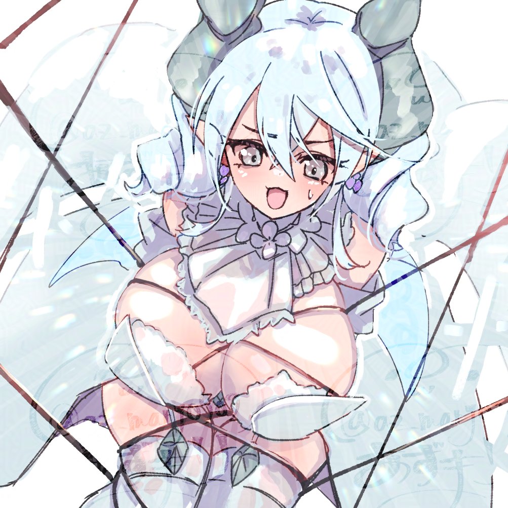 1girl arms_behind_back az_(colorb05) bare_shoulders breasts cleavage cowboy_shot demon_girl demon_horns demon_wings dress drill_hair duel_monster earrings grey_eyes horns jewelry large_breasts lovely_labrynth_of_the_silver_castle pointy_ears restrained solo strapless strapless_dress twin_drills white_dress white_hair wings yu-gi-oh!