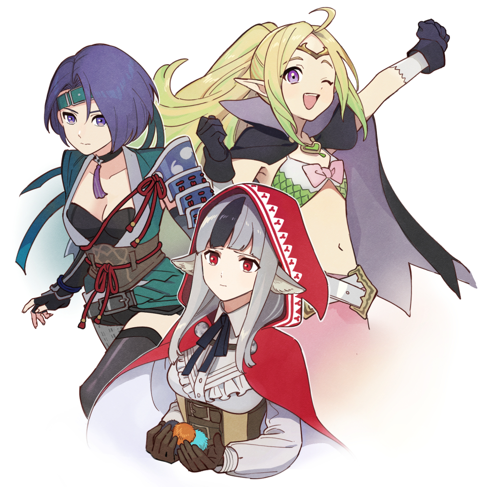 3girls alternate_costume animal_ears arm_guards armor belt blue_hair bodice bow breasts cape choker circlet cleavage fire_emblem fire_emblem:_three_houses fire_emblem_awakening fire_emblem_fates forehead_protector gloves green_hair hand_up holding hood hood_up japanese_clothes kitano_ririo long_hair long_sleeves looking_at_viewer midriff multicolored_hair multiple_girls navel ninja nintendo nowi_(fire_emblem) obi official_alternate_costume one_eye_closed pointy_ears purple_eyes red_eyes sash shamir_nevrand shamir_nevrand_(ninja) simple_background small_breasts two-tone_hair underbust velouria_(fire_emblem) white_background wolf_ears