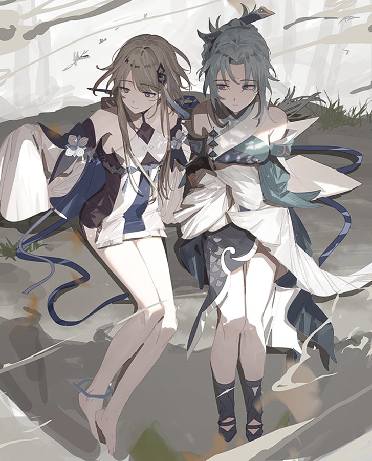 2girls anklet bare_legs bare_shoulders blue_dress blue_eyes breasts brown_hair chinese_clothes closed_mouth detached_sleeves dress emu24 genshin_impact grass grey_hair guizhong_(genshin_impact) jewelry long_hair madame_ping_(genshin_impact) medium_breasts multiple_girls short_dress sitting very_long_hair white_dress wide_sleeves