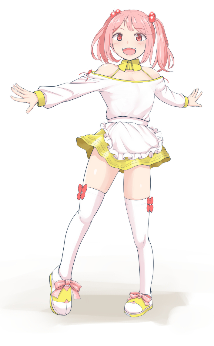 1girl apron full_body hair_bobbles hair_ornament kantai_collection mimofu_(fullhighkick) miniskirt off-shoulder_shirt off_shoulder official_alternate_costume open_mouth outstretched_arms pink_eyes pink_hair sazanami_(7th_anniversary)_(kancolle) sazanami_(kancolle) shirt sidelocks skirt smile solo thighhighs twintails waist_apron yellow_skirt zettai_ryouiki