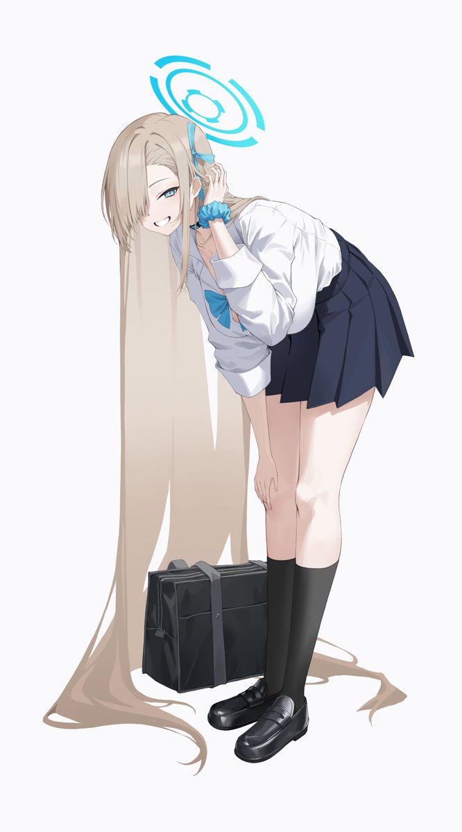 1girl :d absurdly_long_hair asuna_(blue_archive) asuna_(school_uniform)_(blue_archive) black_choker black_shoes black_skirt black_socks blue_archive blue_bow blue_bowtie blue_eyes blue_halo blue_scrunchie bow bowtie brown_hair choker collared_shirt commentary full_body gaoqiaoyuyin_takahashi grin hair_bow hair_over_one_eye halo hand_on_own_knee hand_up happy highres kneehighs leaning_forward loafers long_hair long_sleeves looking_at_viewer miniskirt official_alternate_costume one_eye_covered open_mouth pleated_skirt scrunchie shirt shoes simple_background skirt smile socks solo standing straight_hair very_long_hair white_background white_shirt wrist_scrunchie