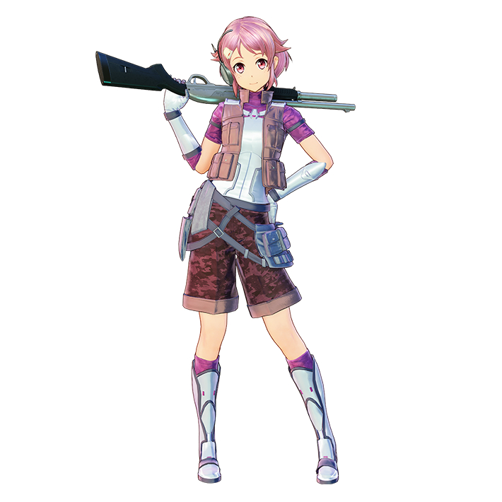 1girl dress female_focus gloves gun hunter lisbeth_(sao) lisbeth_(sao-ggo) official_art pink_hair red_eyes short_hair shotgun solo sword_art_online weapon