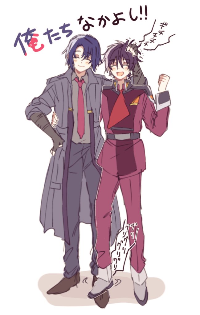 2boys athrun_zala blue_hair blush er1ji6ou2004 full_body gundam gundam_seed gundam_seed_destiny gundam_seed_freedom military military_uniform multiple_boys red_uniform shinn_asuka short_hair smile stepped_on zaft_uniform