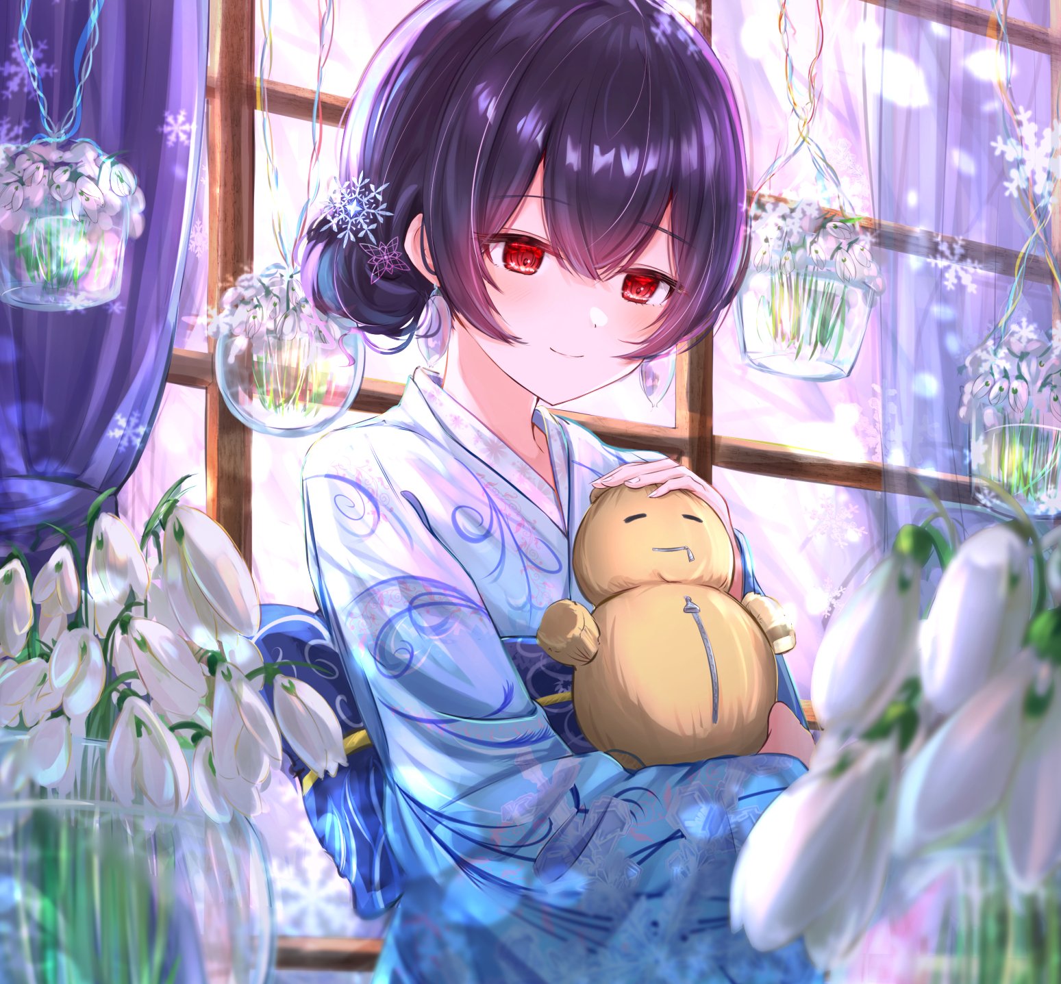 1girl blue_hair blue_kimono blue_sash blurry blurry_foreground blush closed_mouth curtains doll dot_nose earrings flat_chest flower_pot hair_between_eyes hair_bun hair_ornament highres holding holding_doll idolmaster idolmaster_shiny_colors indoors japanese_clothes jewelry kimono long_sleeves looking_at_another morino_rinze obi obijime red_eyes sash short_hair sky_cappuccino smile snowflake_hair_ornament snowflakes solo straw_doll upper_body white_footwear wide_sleeves window