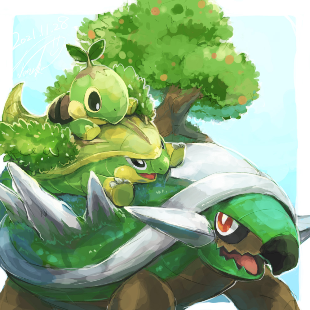 black_eyes bright_pupils colored_sclera commentary_request evolutionary_line gen_4_pokemon grotle nintendo no_humans open_mouth pokemon pokemon_(creature) red_eyes smile toneko torterra tree turtle turtwig white_pupils yellow_sclera