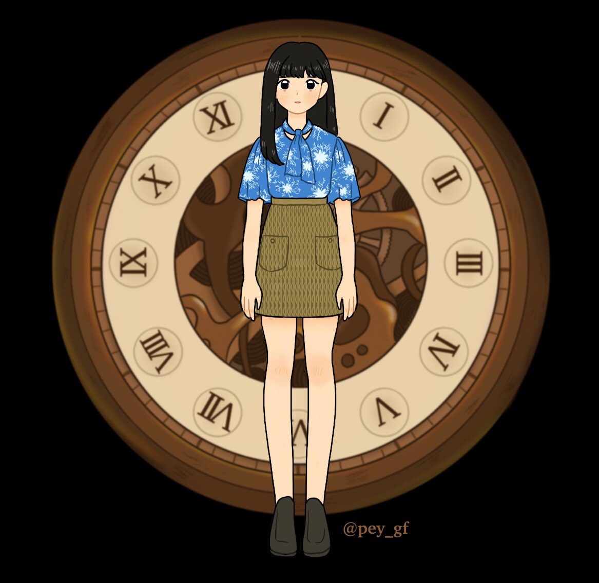 1girl animification black_background black_hair blue_shirt blunt_bangs brown_footwear brown_skirt clock commentary eunha_(gfriend) expressionless full_body gfriend hair_behind_ear high-waist_skirt k-pop long_hair looking_at_viewer pey_gf real_life shirt skirt solo twitter_username