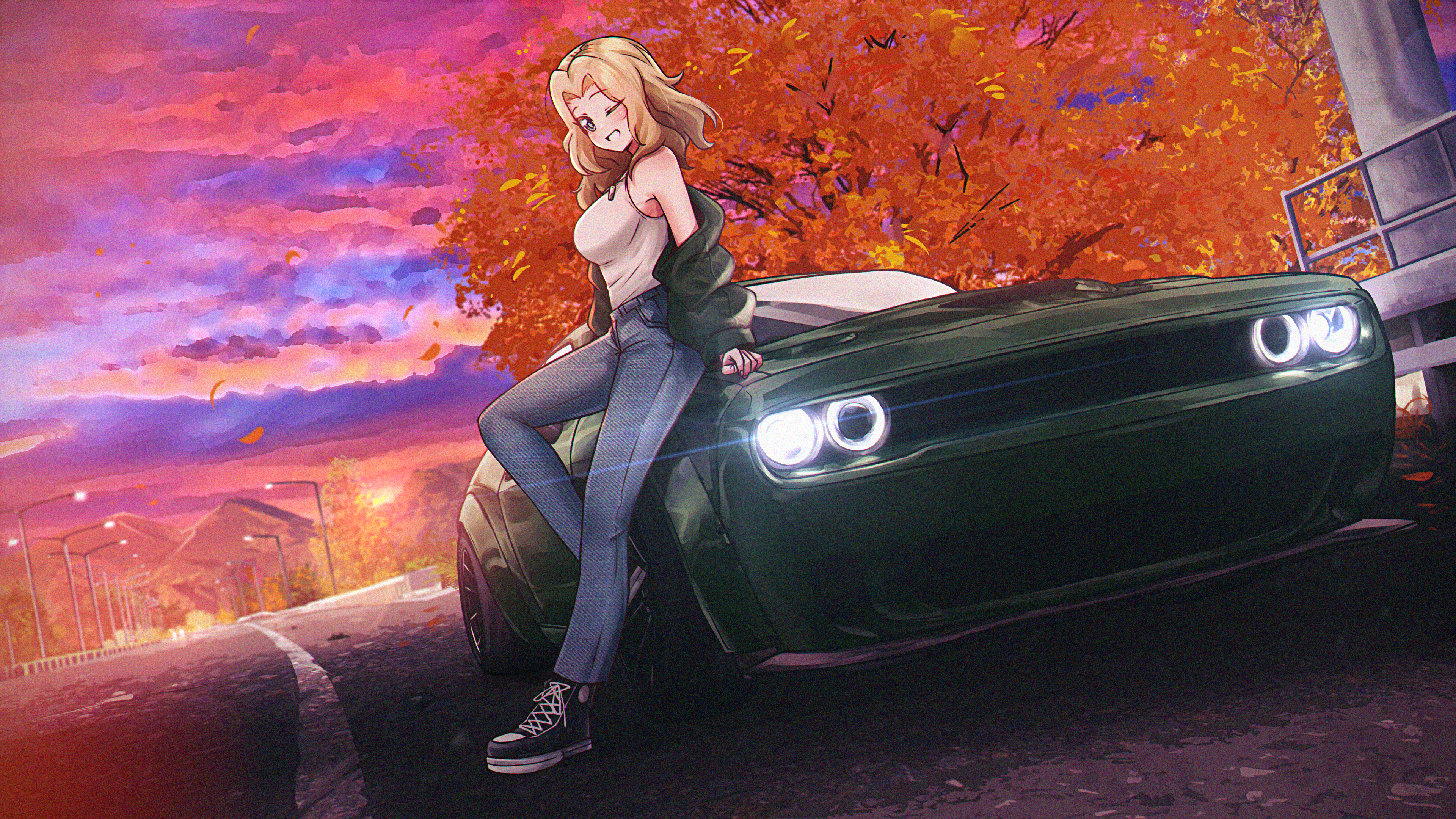 1girl absurdres autumn blonde_hair blush breasts car denim dodge_challenger girls_und_panzer green_car highres jeans kay_(girls_und_panzer) large_breasts laughing long_hair looking_at_viewer mizzterbii motor_vehicle off_shoulder one_eye_closed outdoors pants road solo tank_top white_tank_top
