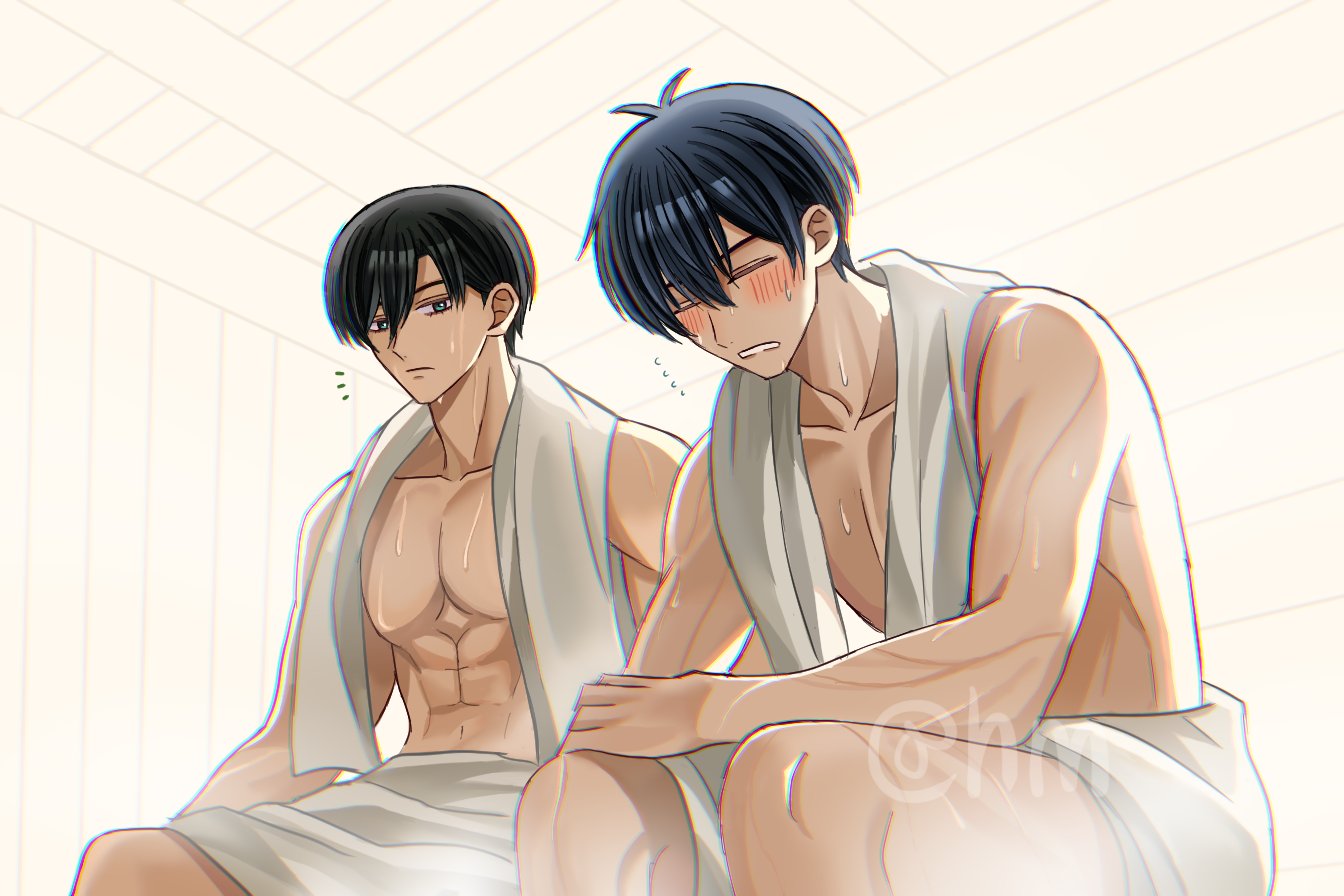 2boys black_hair blue_lock blush closed_eyes green_eyes hair_between_eyes hyohls2_(hamao3o) isagi_yoichi itoshi_rin male_focus multiple_boys muscular muscular_male onsen short_hair topless_male towel towel_around_neck towel_around_waist