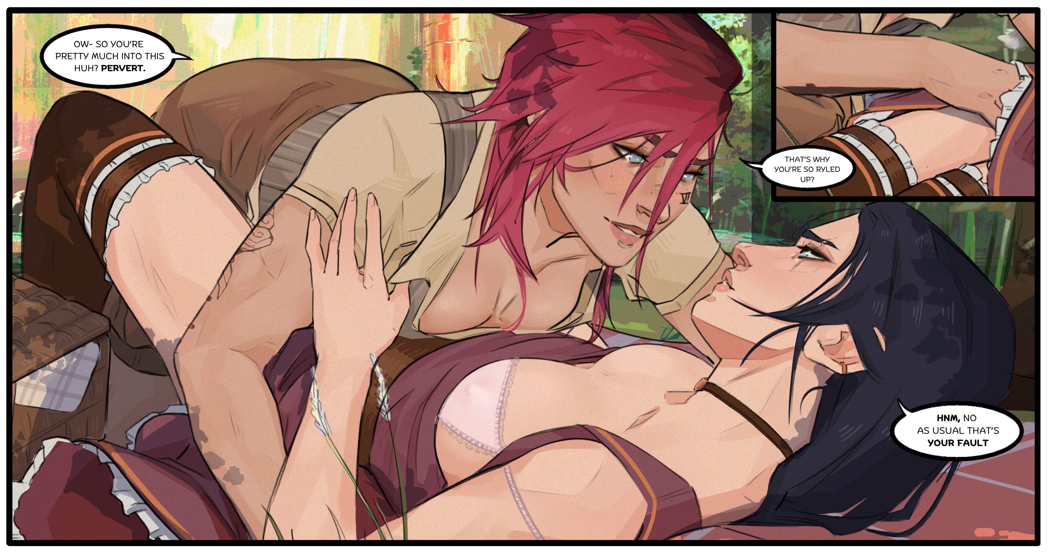 2girls absurdres arcane:_league_of_legends arcane_caitlyn arcane_vi arm_tattoo black_hair blue_eyes bra breasts caitlyn_(league_of_legends) clothes_lift clothes_pull commentary english_commentary english_text facial_tattoo hand_on_another's_thigh highres league_of_legends long_hair looking_at_another multiple_girls outdoors parted_lips picnic_basket red_hair scar scar_across_eye scar_on_face senekart shirt_pull skirt skirt_lift small_breasts smile speech_bubble tattoo underwear vi_(league_of_legends) white_bra yuri