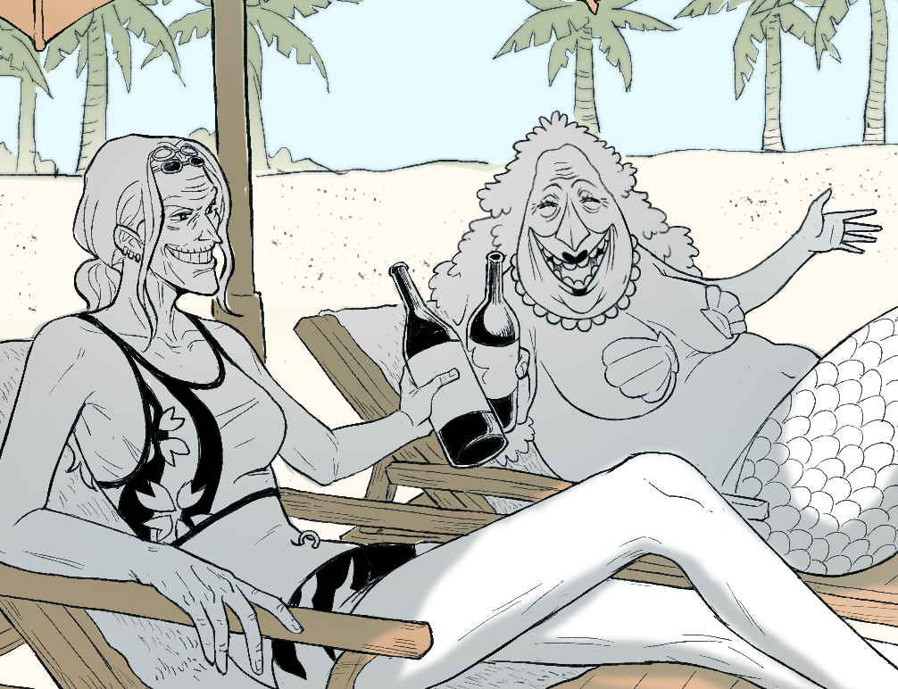 2girls bottle chair commentary daonepiece dr._kureha english_commentary holding holding_bottle jewelry kokoro_(one_piece) lounge_chair mermaid monster_girl multiple_girls necklace one_piece palm_tree pearl_necklace ponytail sand shell shell_bikini sidelocks smile tree