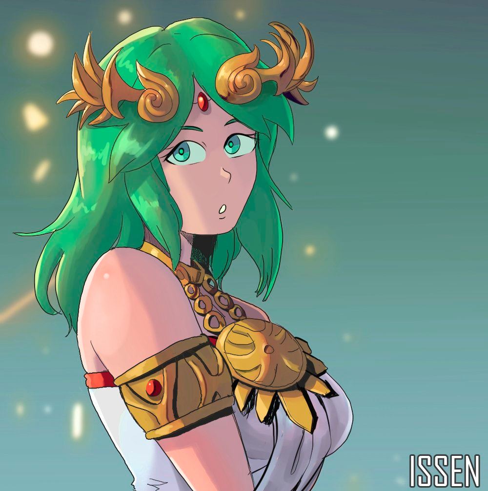 1girl alternate_hair_length alternate_hairstyle assentlov blue_background chain gold_chain gradient_background green_eyes green_hair kid_icarus kid_icarus_uprising looking_at_viewer nintendo palutena parted_lips short_hair solo upper_body